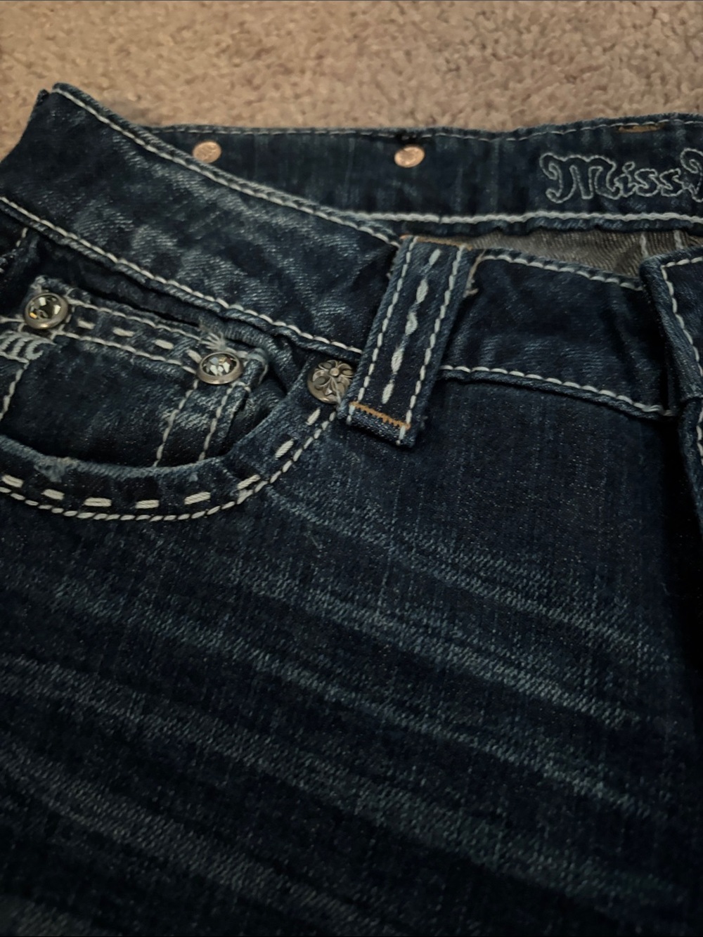 Miss Me Dark Indigo Bootcut Jeans with Gold Embroidery and Studs - Picture 11 of 13